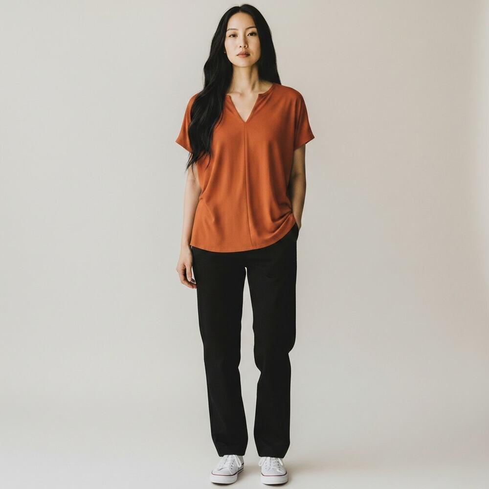 Soya Concept Radia Orange V Neck Short Sleeve Top NWT Women's XS Poly Blend